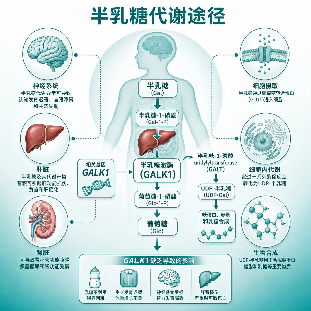 半乳糖激酶缺乏 伴白内障 - 半乳糖代谢通路示意图