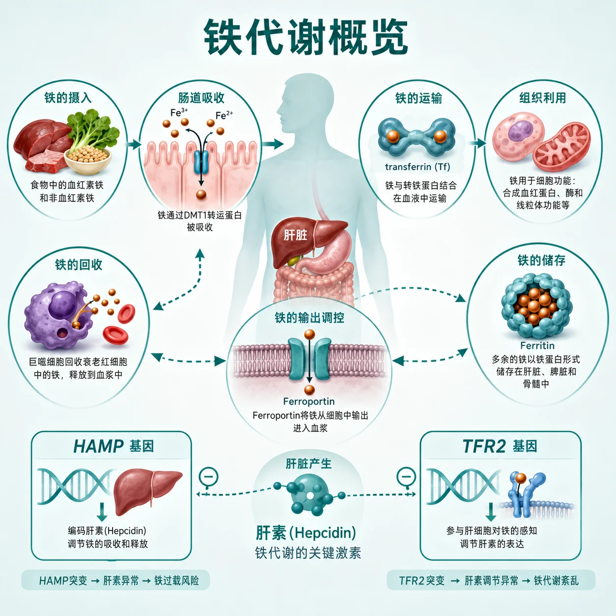 遗传性血色病 1/2B/3/4 型 - 铁代谢示意图
