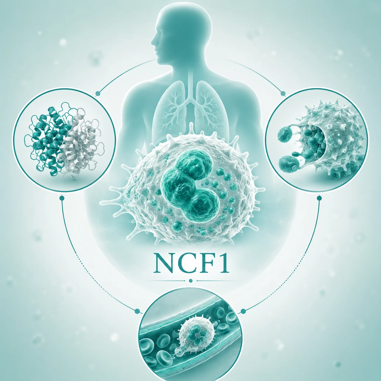 NCF-1 缺乏型慢性肉芽肿病 - 免疫细胞吞噬细菌示意图