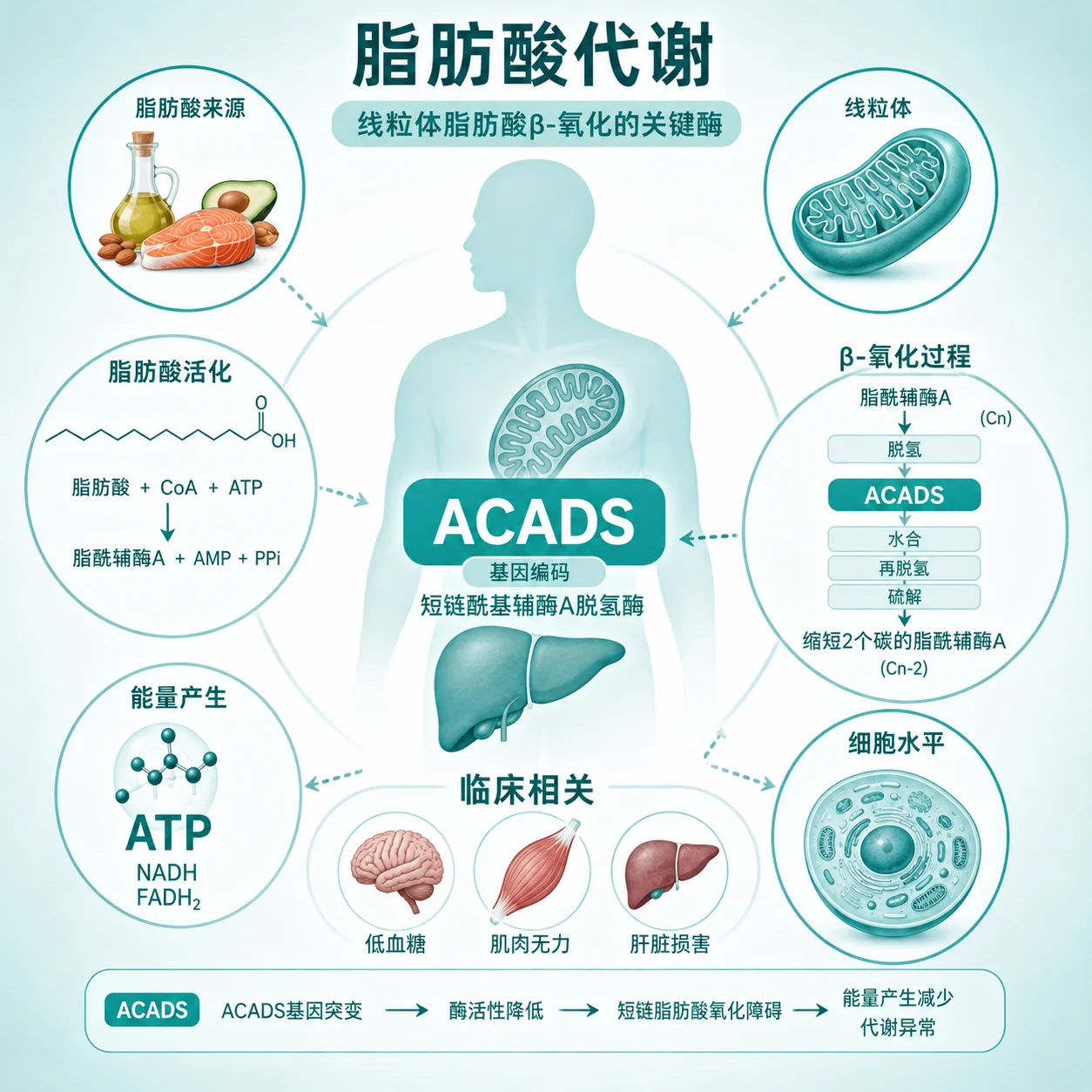 短链酰基辅酶A 脱氢酶缺乏症 - 脂肪酸代谢示意图