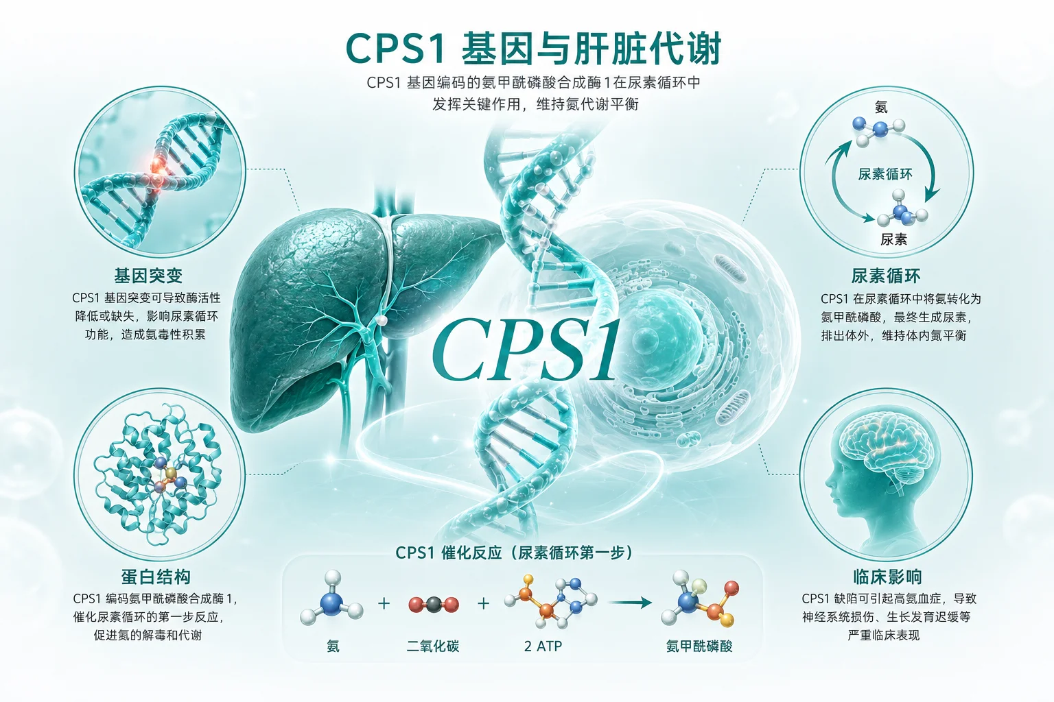 氨甲酰磷酸合成酶I 缺乏症 - 肝脏代谢功能示意