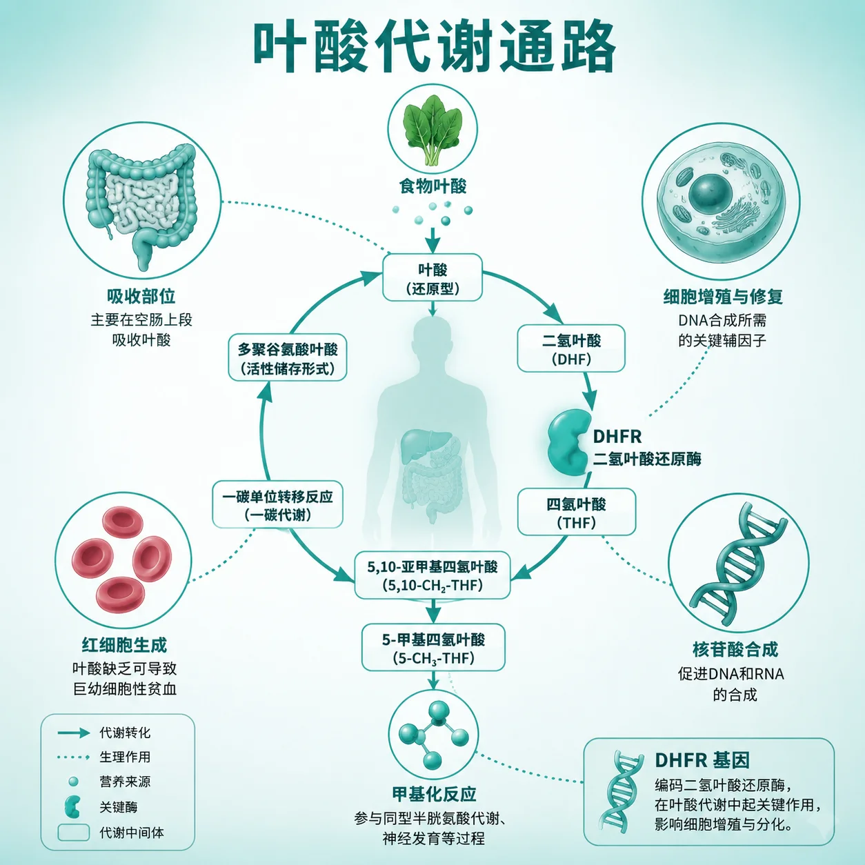 二氢叶酸还原酶缺乏性巨幼细胞贫血 - 叶酸代谢通路示意图